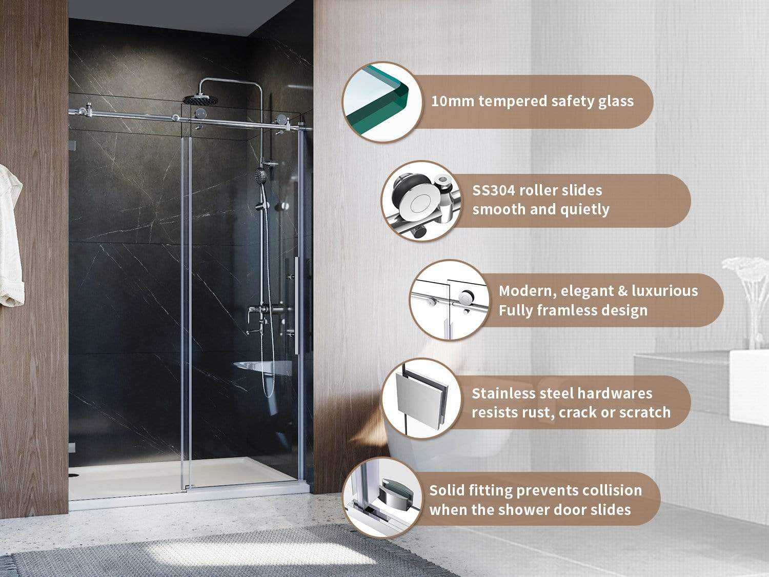 ELEGANT Frameless Sliding Shower Screen Fully Framless Design Luxurious Solid Fitting,Resists Rust - Elegantshowers