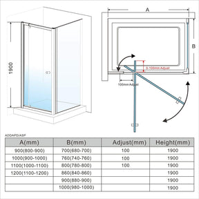 ELEGANT SHOWERS Semi-Frameless Pivot Shower Screen Cubical Size Description- Elegantshowers