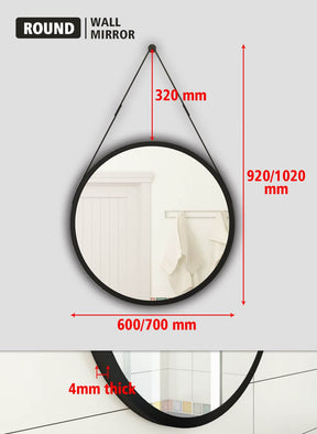 60/70cm Round Wall Mirror Metal Framed Bathroom Decor Leather Belt Optional - Elegantshowers