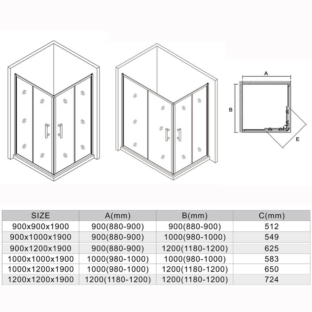 Black Framed Corner Rectangular Shower Enclosure with 2 Sliding Doors - dimensions