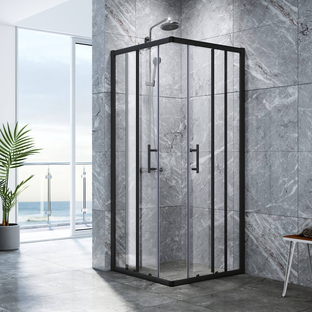 Black Framed Corner Rectangular Shower Enclosure with 2 Sliding Doors - half open