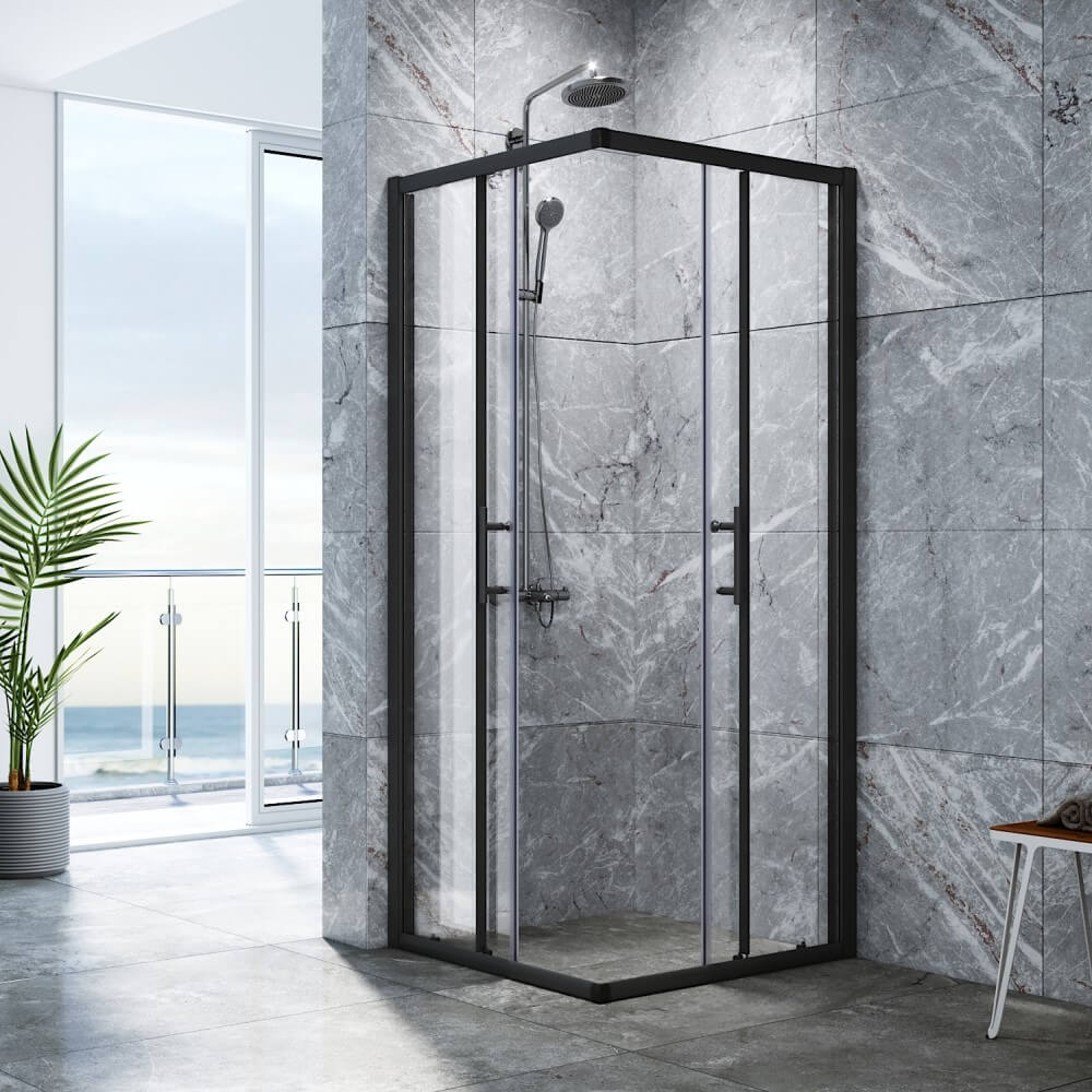 Black Framed Corner Rectangular Shower Enclosure with 2 Sliding Doors - open