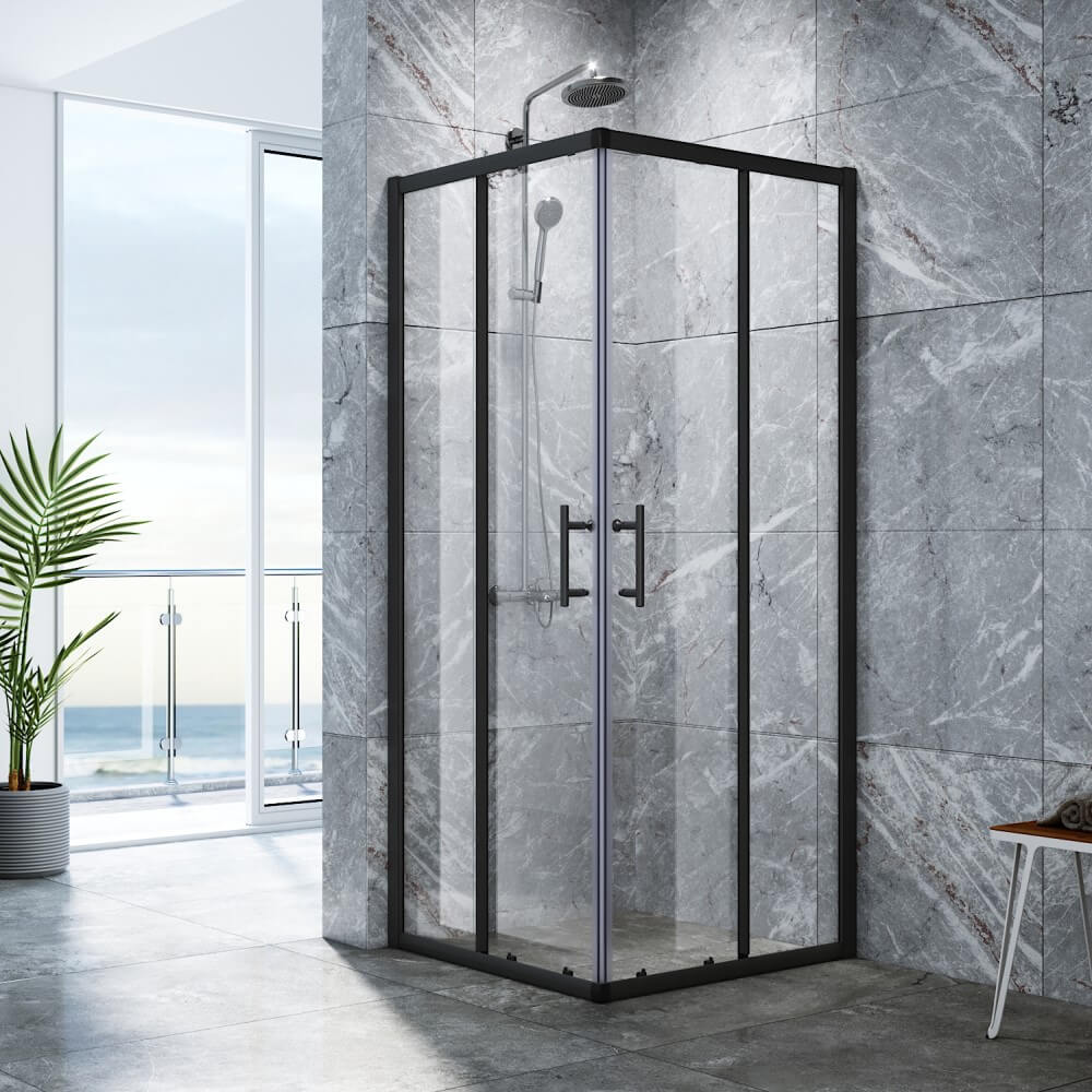 Black Framed Corner Rectangular Shower Enclosure with 2 Sliding Doors - closed