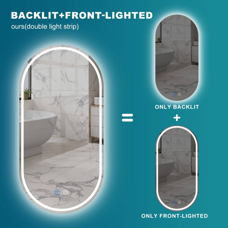 450x900mm 3 Color Mode Back&Front Oval LED Light Antifog Bathroom Mirror