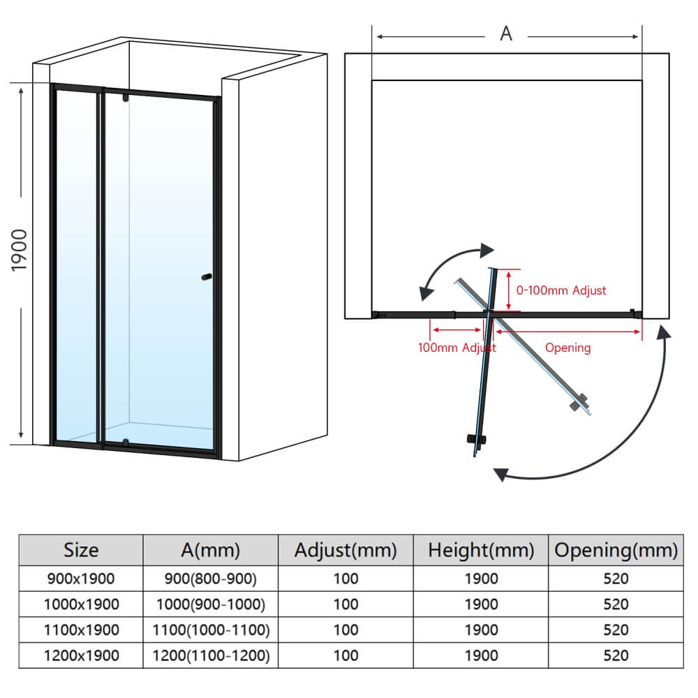 Dimensions of black framed pivot 2 panels shower door