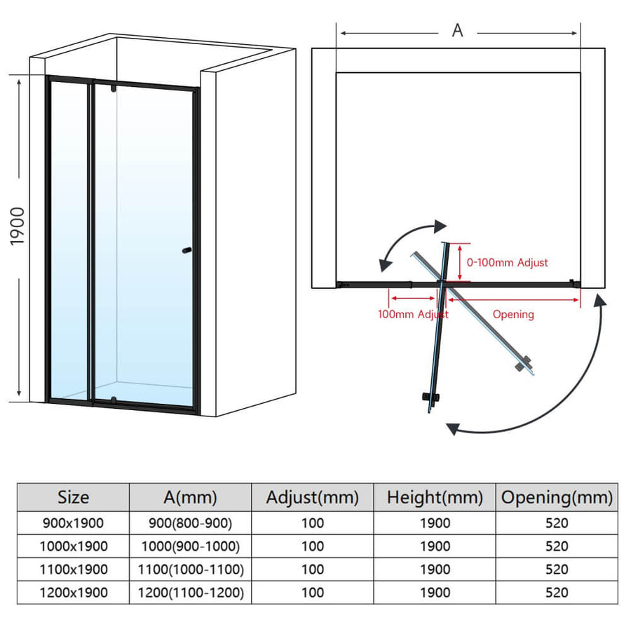ELEGANT SHOWERS Semi-Frameless Shower Screen Pivot Door Adjustable Bla