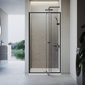 Black framed pivot 2 panels shower door, open position