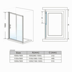 Dimensions of black framed sliding shower door with black glass