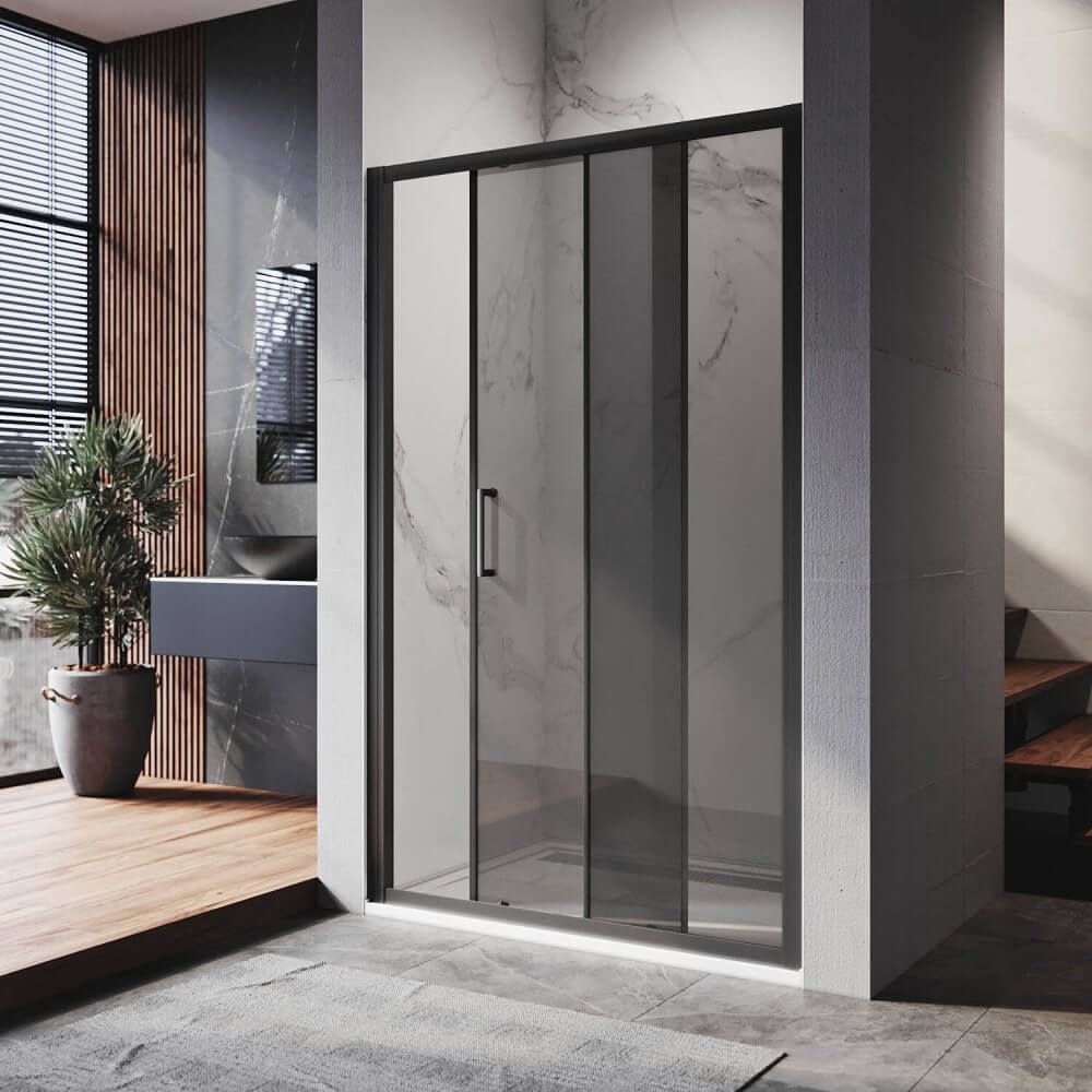 black framed sliding shower door with black glass half open