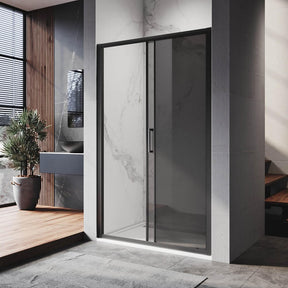 black framed sliding shower door with black glass open