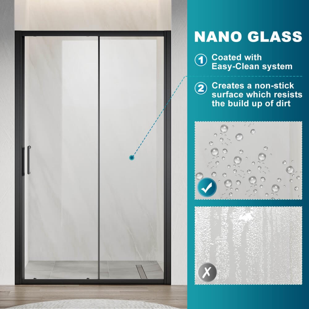 Black framed sliding shower door with clear glass, detail 11