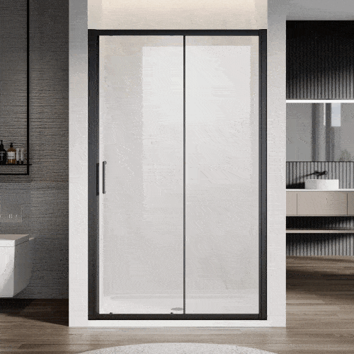 Dynamic display of black framed sliding shower door with clear glass, from front view.