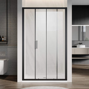 Black framed sliding shower door with clear glass, door half open.