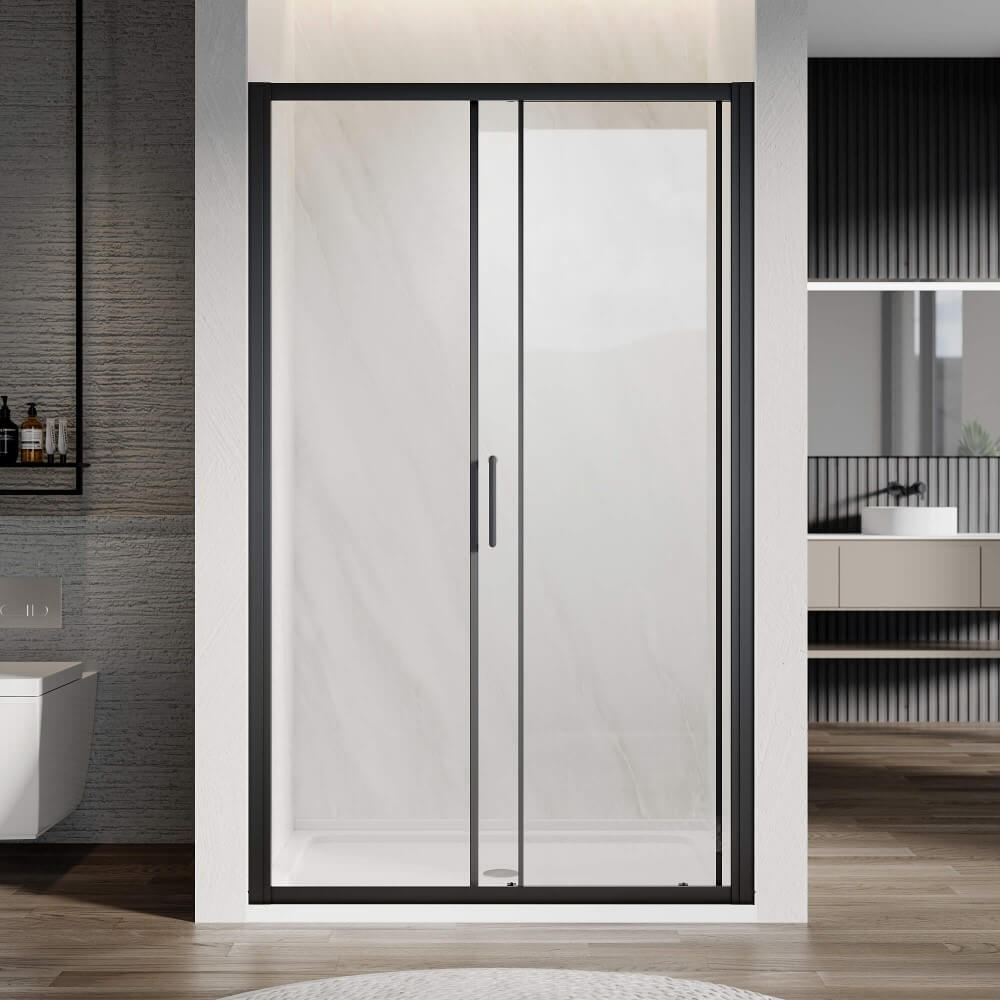Black framed sliding shower door with clear glass, door open.