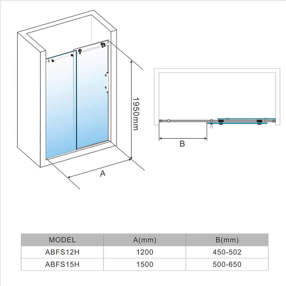 Dimensions of black frameless sliding shower door with 10mm glass