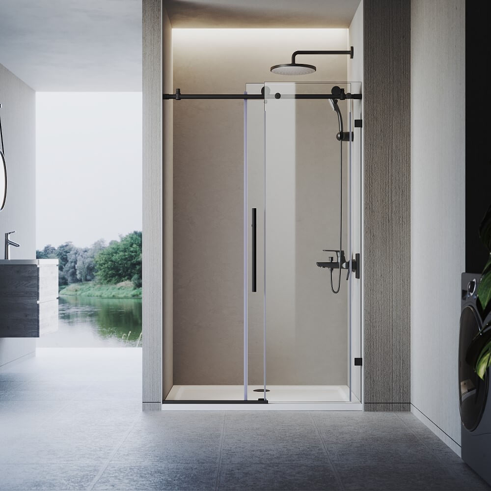 Black frameless sliding shower door with 10mm glass, open position