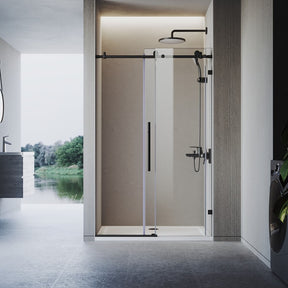 Black frameless sliding shower door with 10mm glass, open position