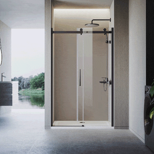Dynamic display of black frameless sliding shower door with 8mm glass from front view