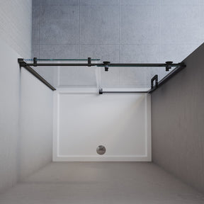 Top view of black frameless sliding shower door with 8mm glass