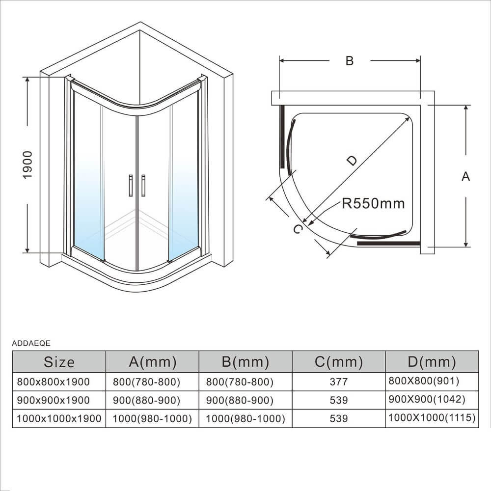 Dimensions of Curved Black Framed Sliding Shower Screen Enclosure