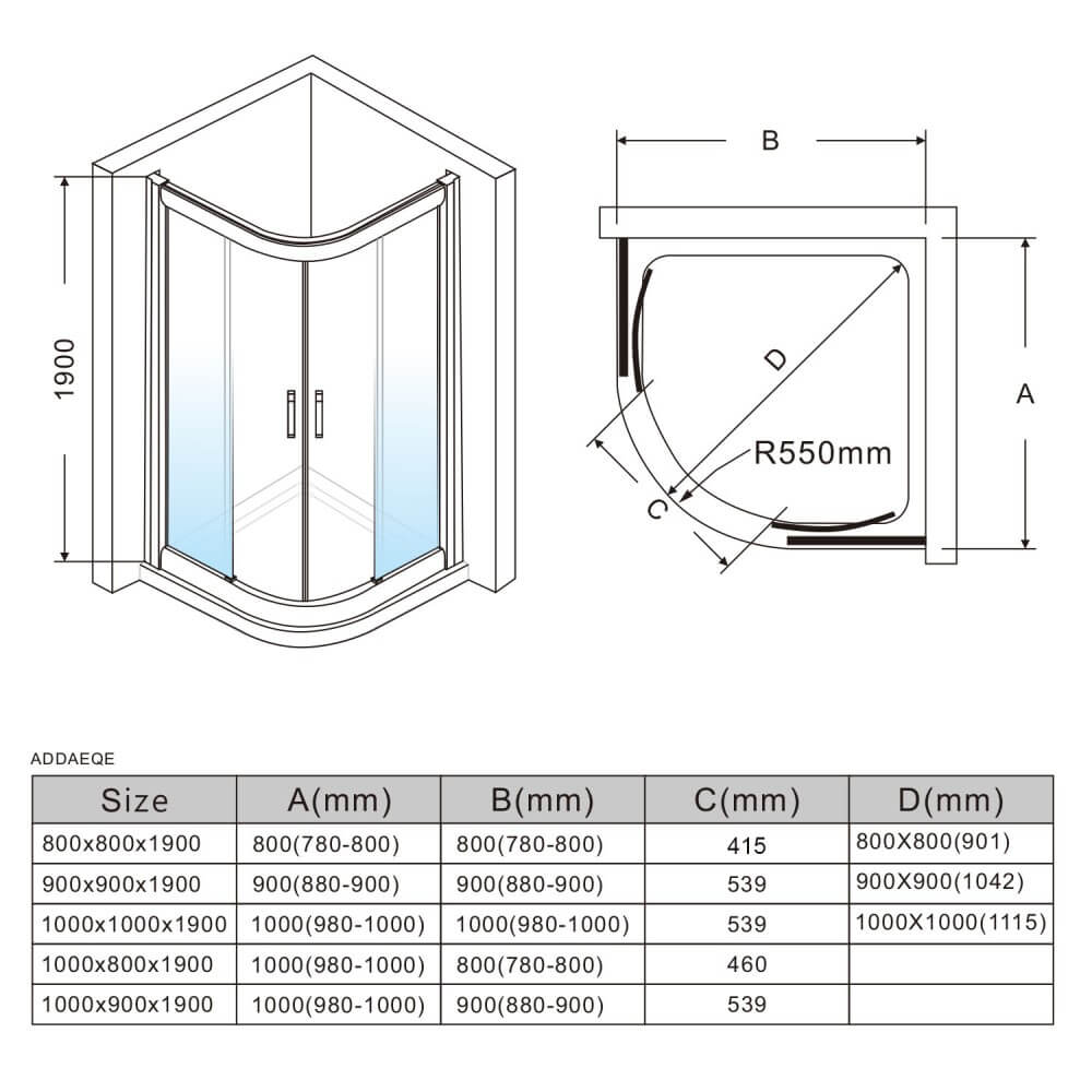 Curved Silver Framed Sliding Shower Screen Enclosure - Dimensions