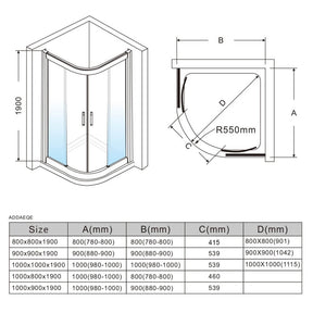 Curved Silver Framed Sliding Shower Screen Enclosure - Dimensions