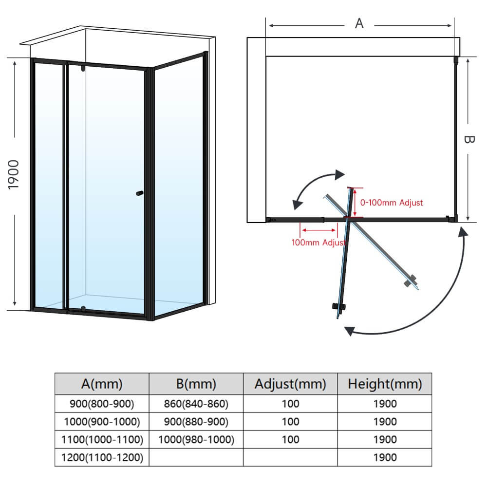 Elegant Showers Semi-Frameless Pivot Shower Screen Cubical Adjustable Black - Elegantshowers