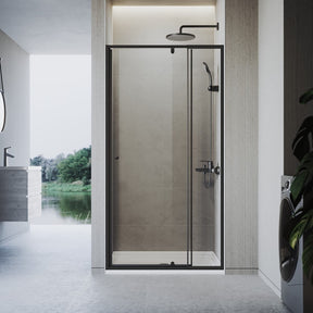 Elegant Showers black framed pivot 2 panels shower door, closed position