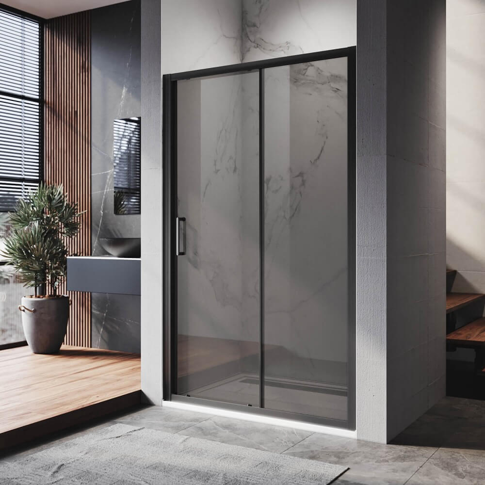Elegant showers black framed sliding shower door with black glass closed
