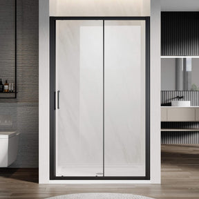 Elegant Showers black framed sliding shower door with clear glass, door closed.