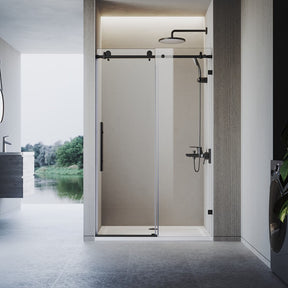 Black frameless sliding shower door with 10mm glass, closed position, by Elegant Showers