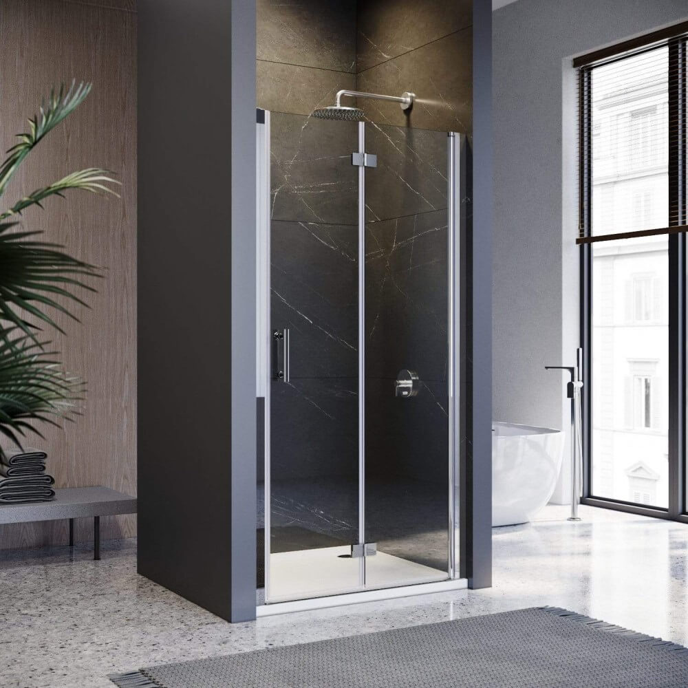 Elegant showers frameless bifold shower door closed