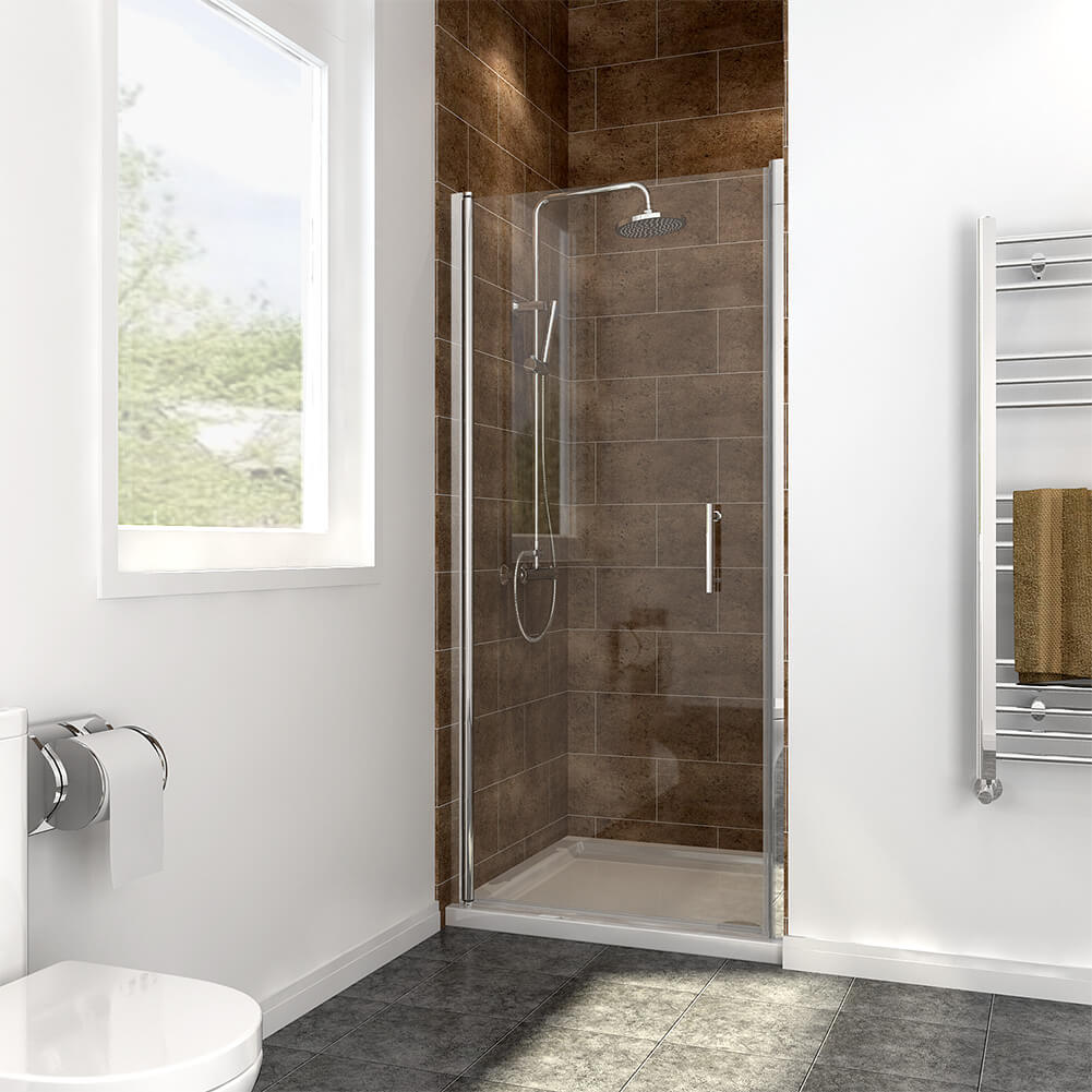 Elegant showers frameless pivot shower door closed