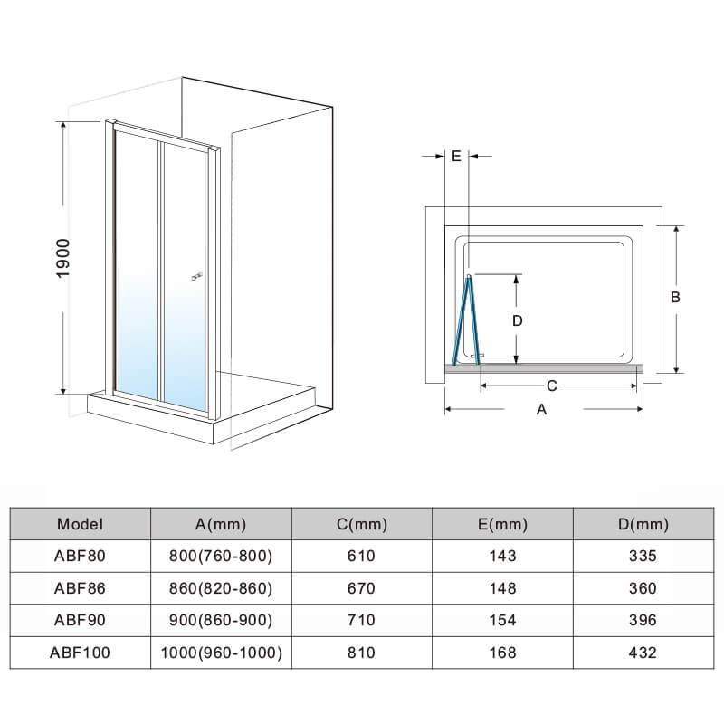 framed bifold shower door dimensional drawing