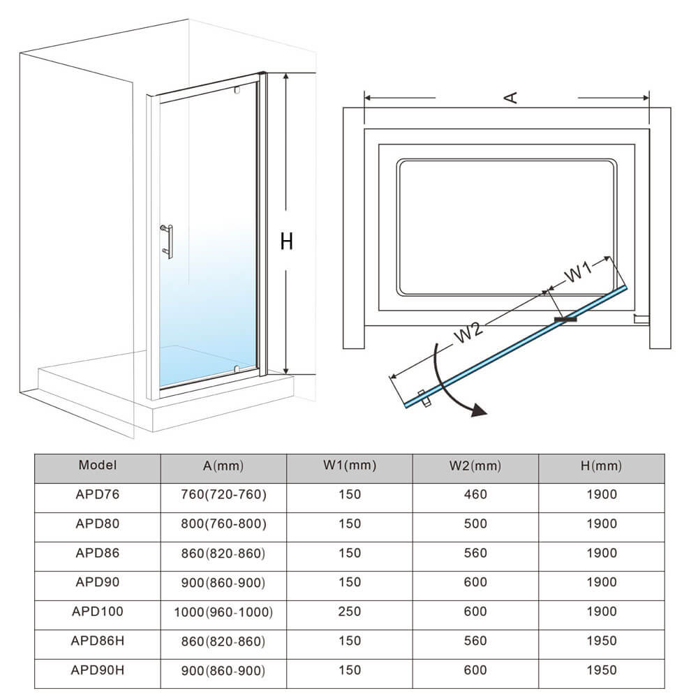 Elegant Showers Framed Pivot Shower Screen Door Wall To Wall Fits - Elegantshowers