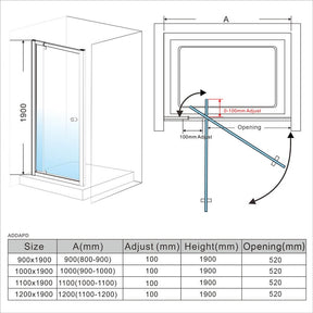 Framed pivot 2 panel shower door dimension drawing