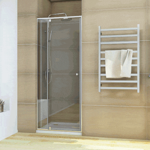 Dynamic display of framed pivot 2 panel shower door