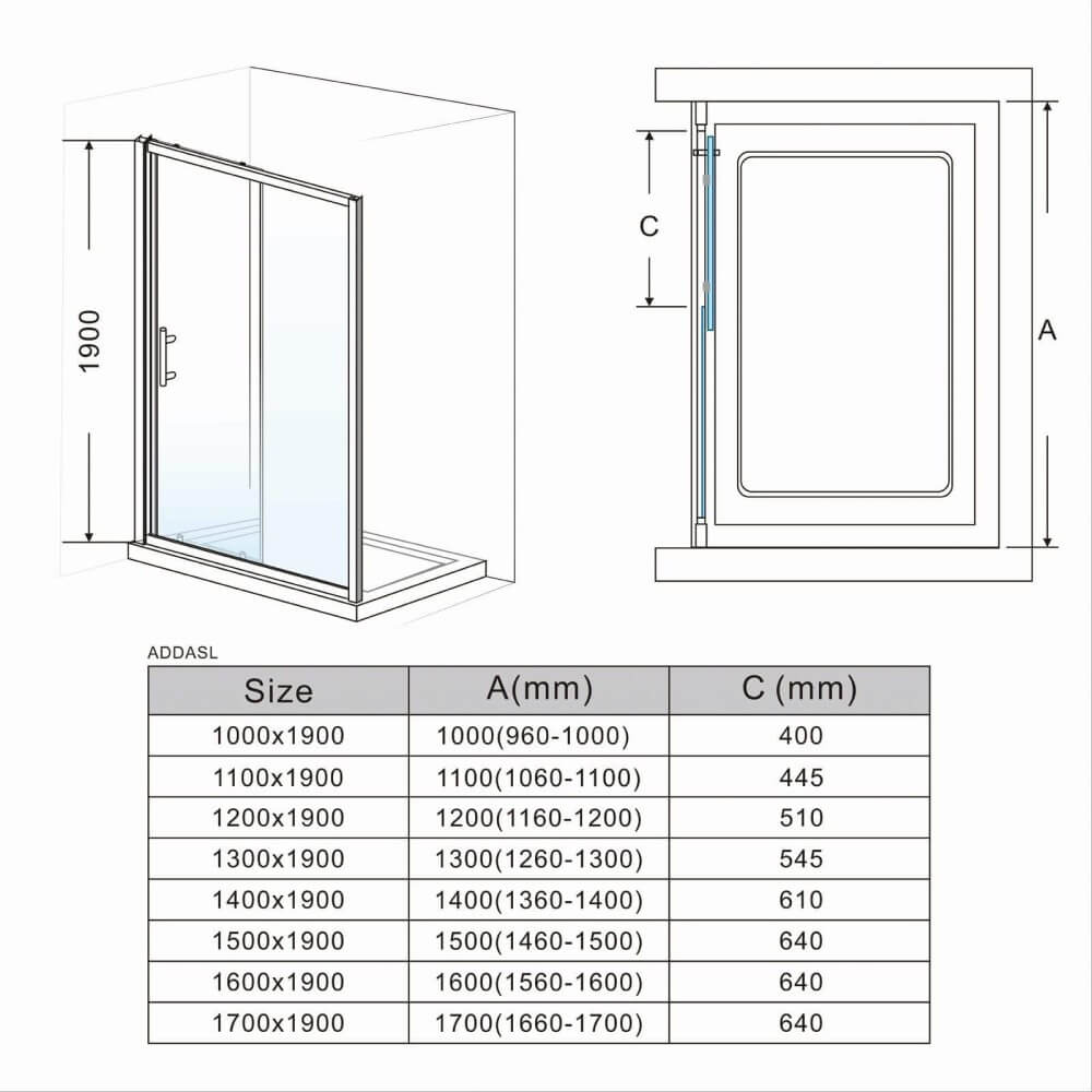 framed sliding shower door 6mm glass closed dimensional drawing 1