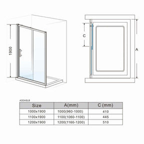 Dimensions of framed sliding shower door with 8mm glass