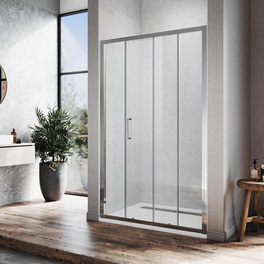 Framed sliding shower door with 8mm glass, half-open position
