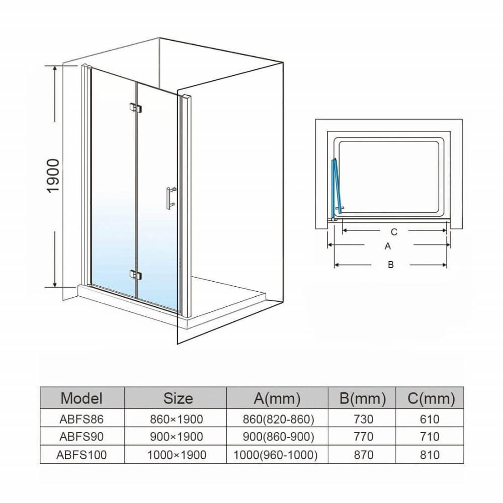 Frameless bifold shower door dimensional drawing