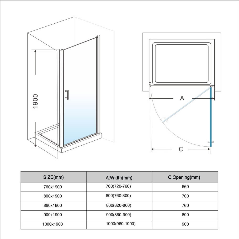 frameless pivot shower door dimensional drawing
