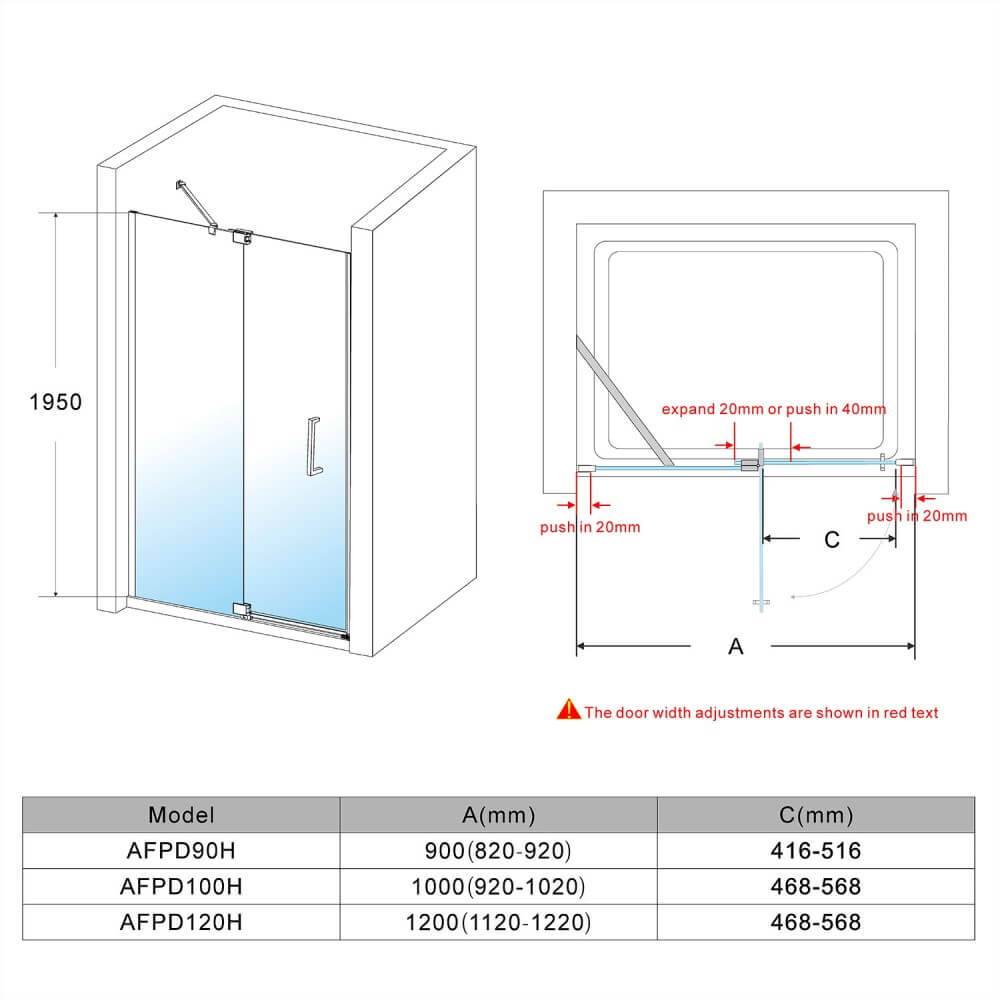 Dimensions of frameless pivot shower door with 1 support bar