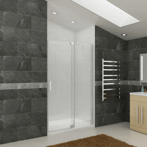Dynamic display of frameless pivot shower door with 1 support bar from front view
