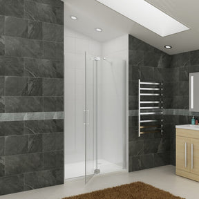 Frameless pivot shower door with 1 support bar half open