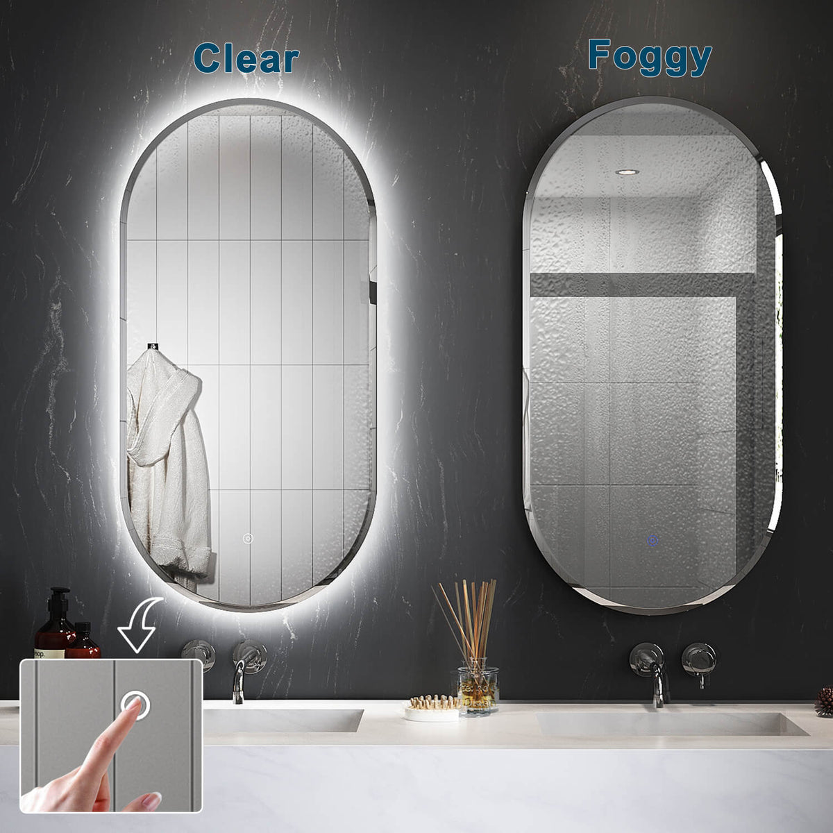 450x900mm 900x450mm Back LED Light Antifog Oval Bathroom Mirror