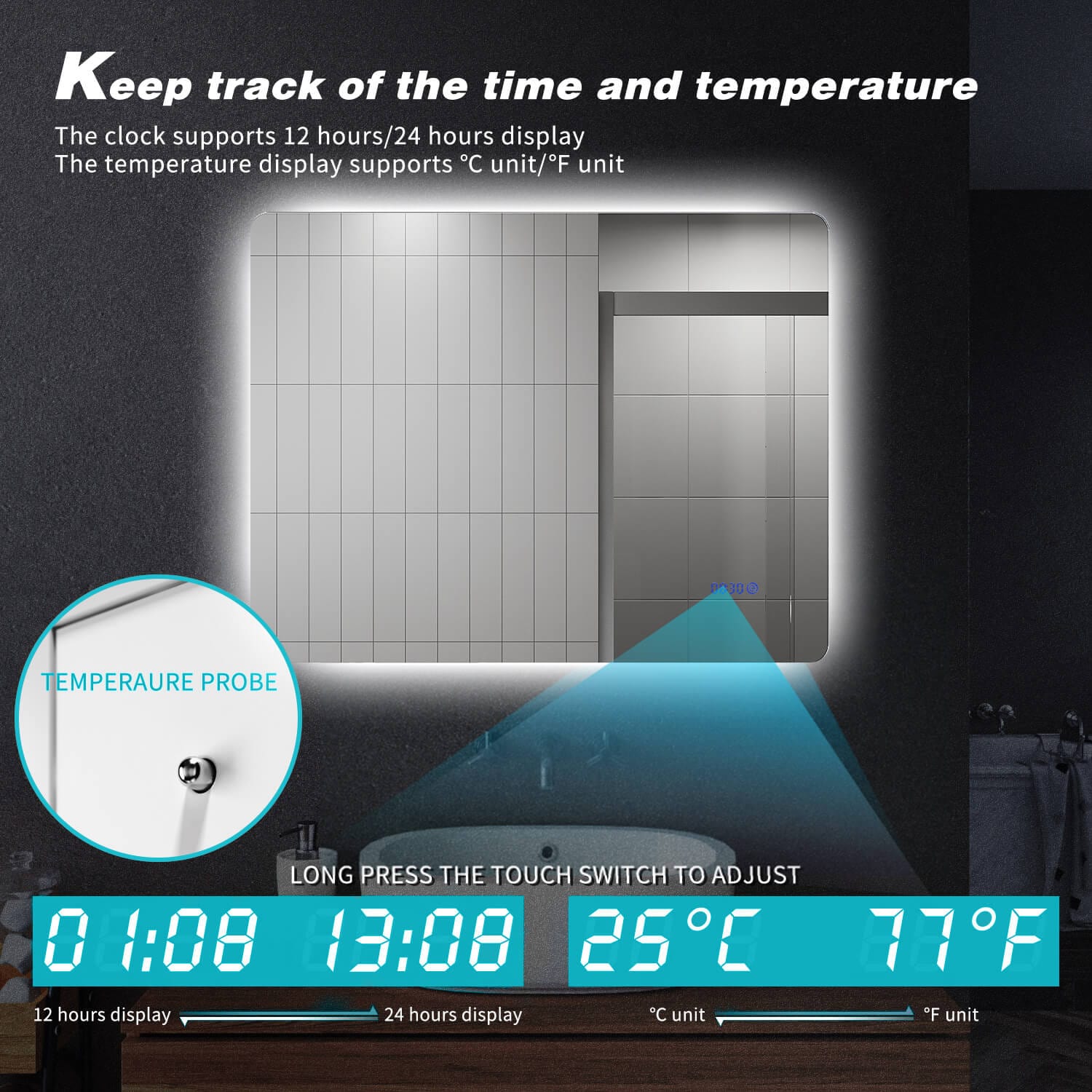ELEGANT SHOWERS Anti-fog Clock LED Illuminated Bathroom Mirror