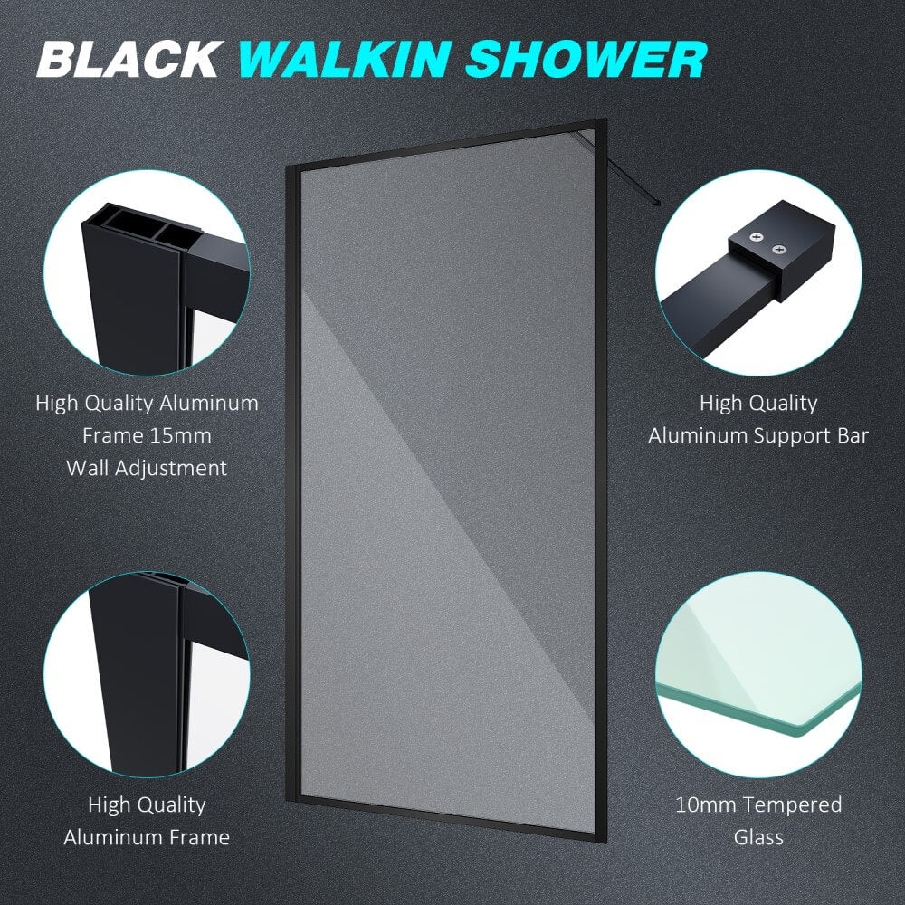 Elegant Showers 10mm Glass Walk In Shower Screen Framed Black - Elegantshowers