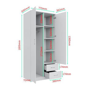 ELEGANT Wardrobe 2 Doors 2 Drawers 180cm White Wooden Storage Cabinets - Elegantshowers