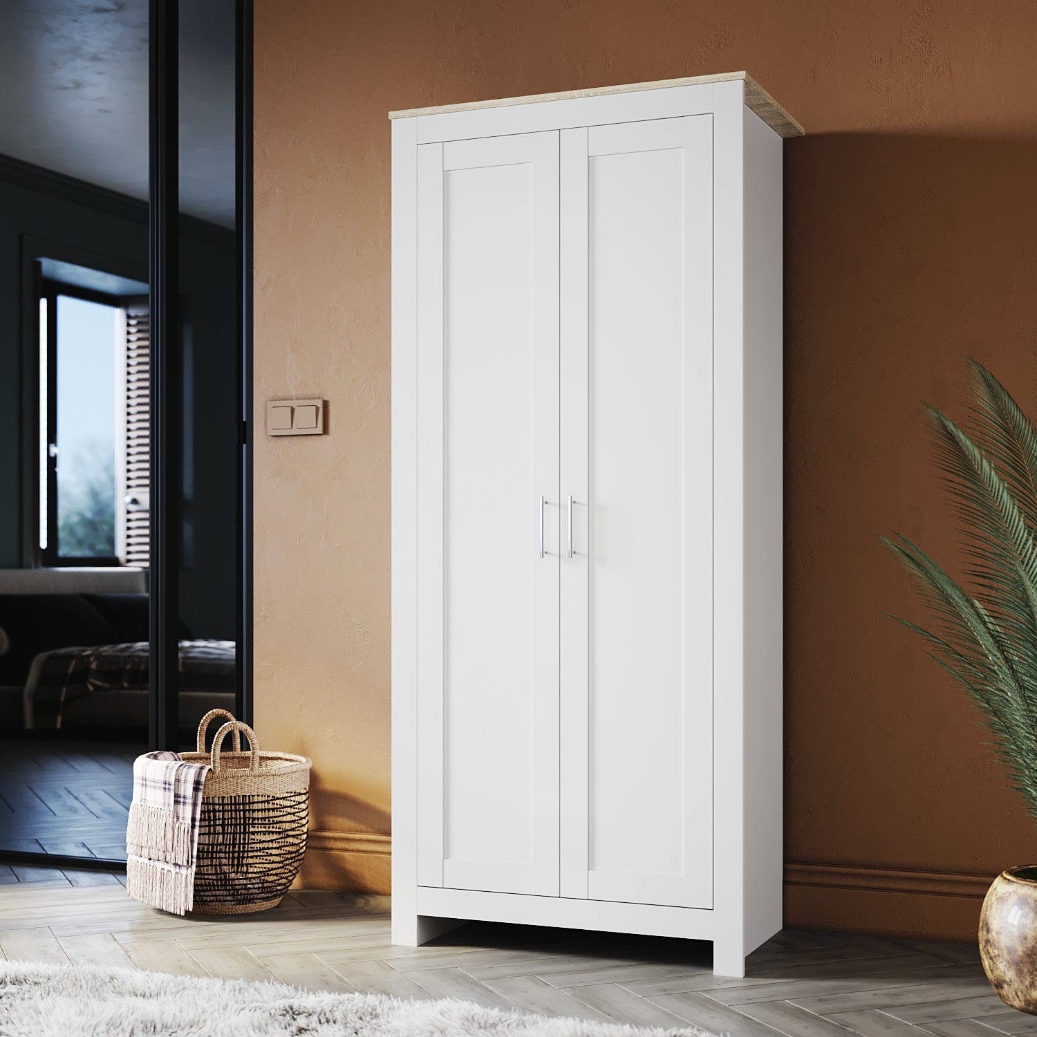 White Solid Wood Wardrobe with 2 Doors 180cm Clothes Closet for Hanging Clothes - Elegantshowers